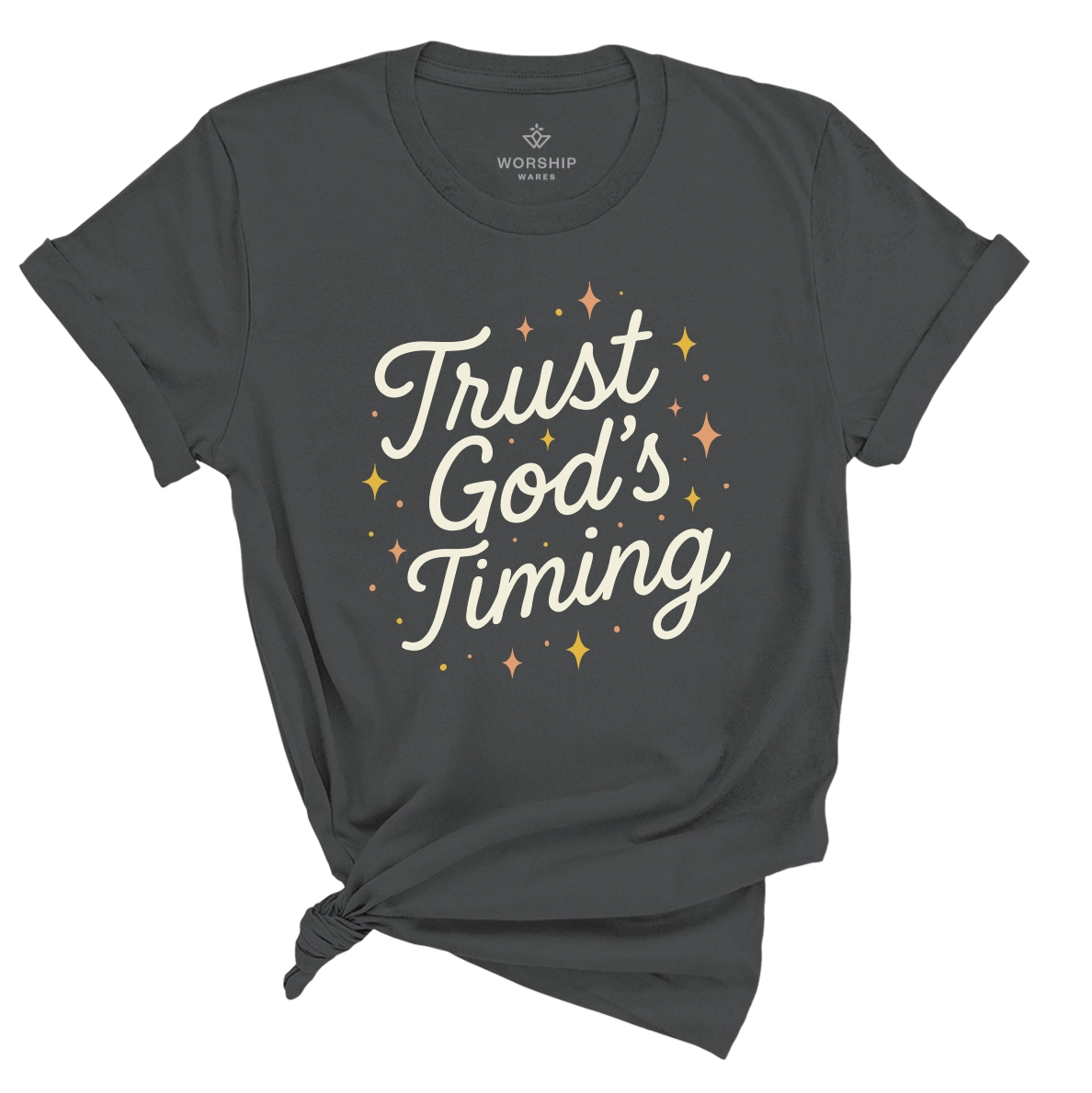 Christian t-shirt with “Trust God’s Timing” in shining script design; unisex soft cotton shirt symbolizing faith, patience, and hope in God's perfect plan.