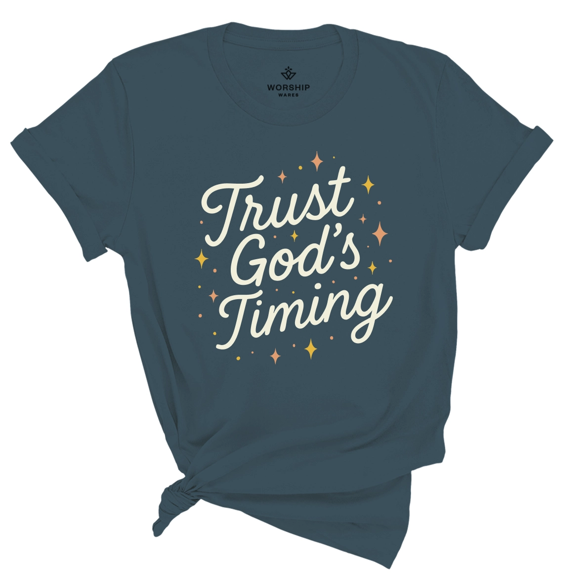 Christian t-shirt with “Trust God’s Timing” in shining script design; unisex soft cotton shirt symbolizing faith, patience, and hope in God's perfect plan.