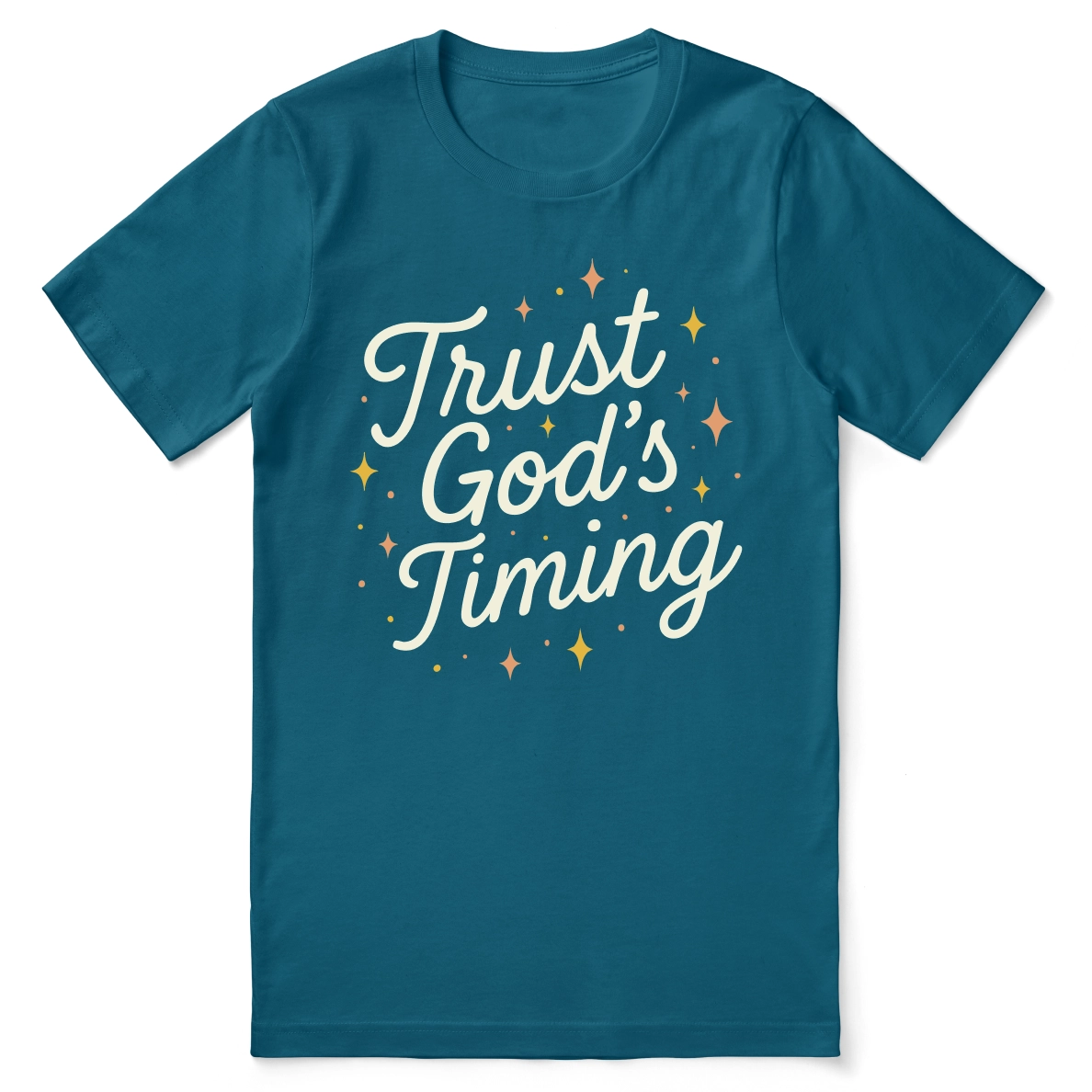 Christian t-shirt with the phrase “Trust God’s Timing” in radiant hand-lettered script; soft unisex cotton faith tee offering encouragement and patience in God’s plan.