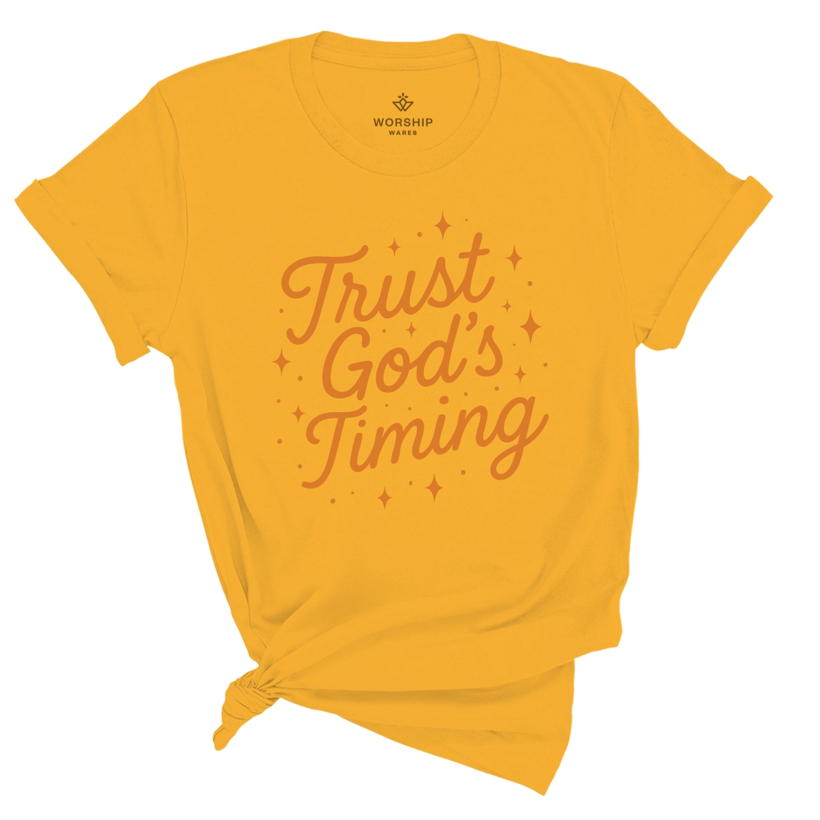Christian t-shirt with “Trust God’s Timing” in shining script design; unisex soft cotton shirt symbolizing faith, patience, and hope in God's perfect plan.