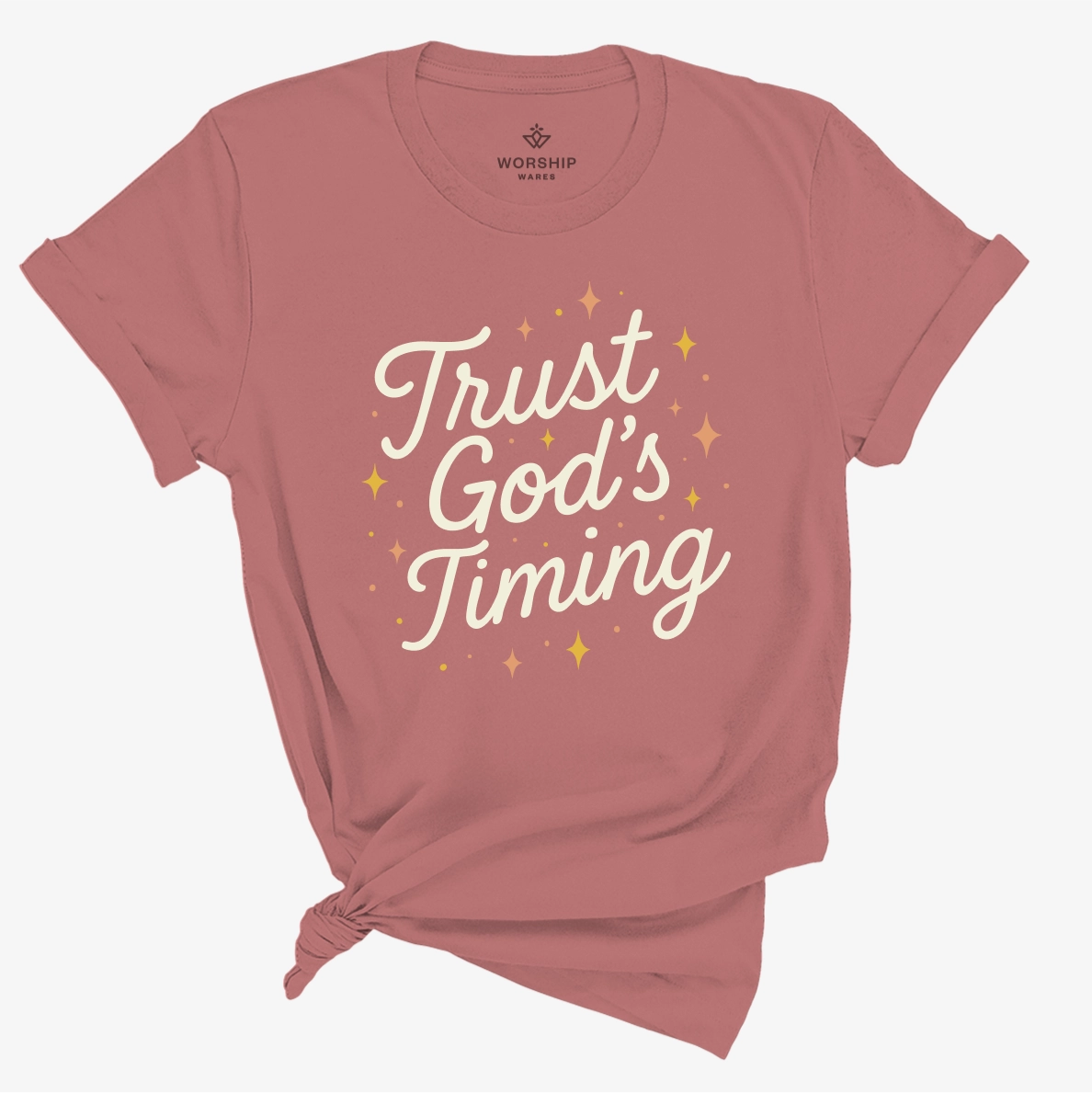 Christian t-shirt with “Trust God’s Timing” in shining script design; unisex soft cotton shirt symbolizing faith, patience, and hope in God's perfect plan.