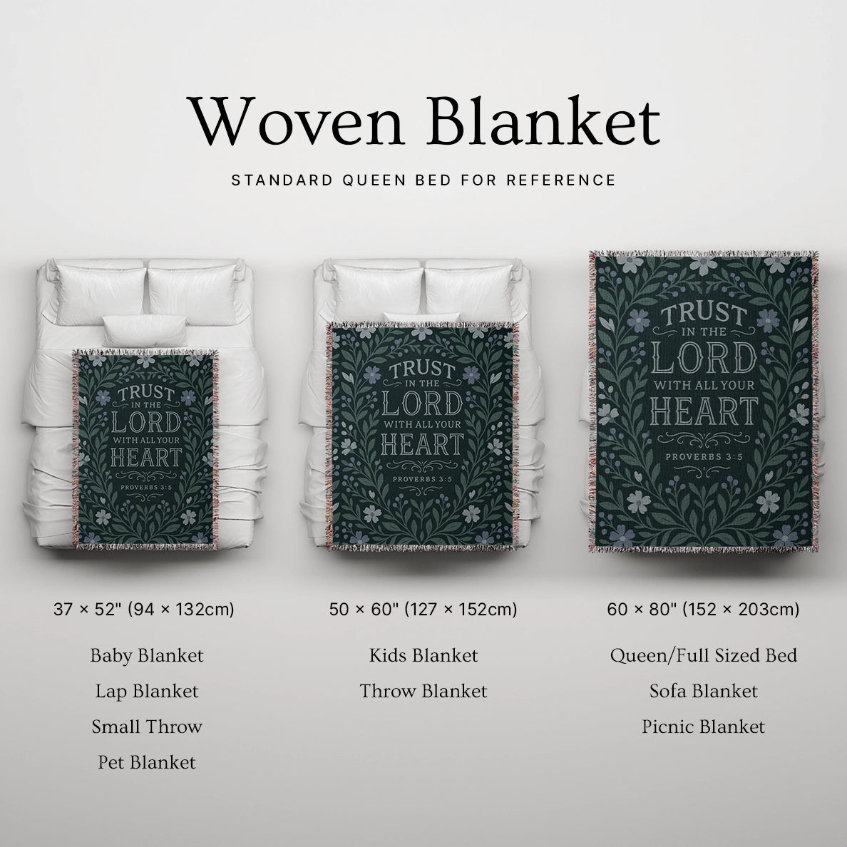 Christian woven blanket with the verse “Trust in the Lord with all your heart – Proverbs 3:5”; 100% cotton throw with fringe, perfect for comfort, reflection, or faith-filled gifting.