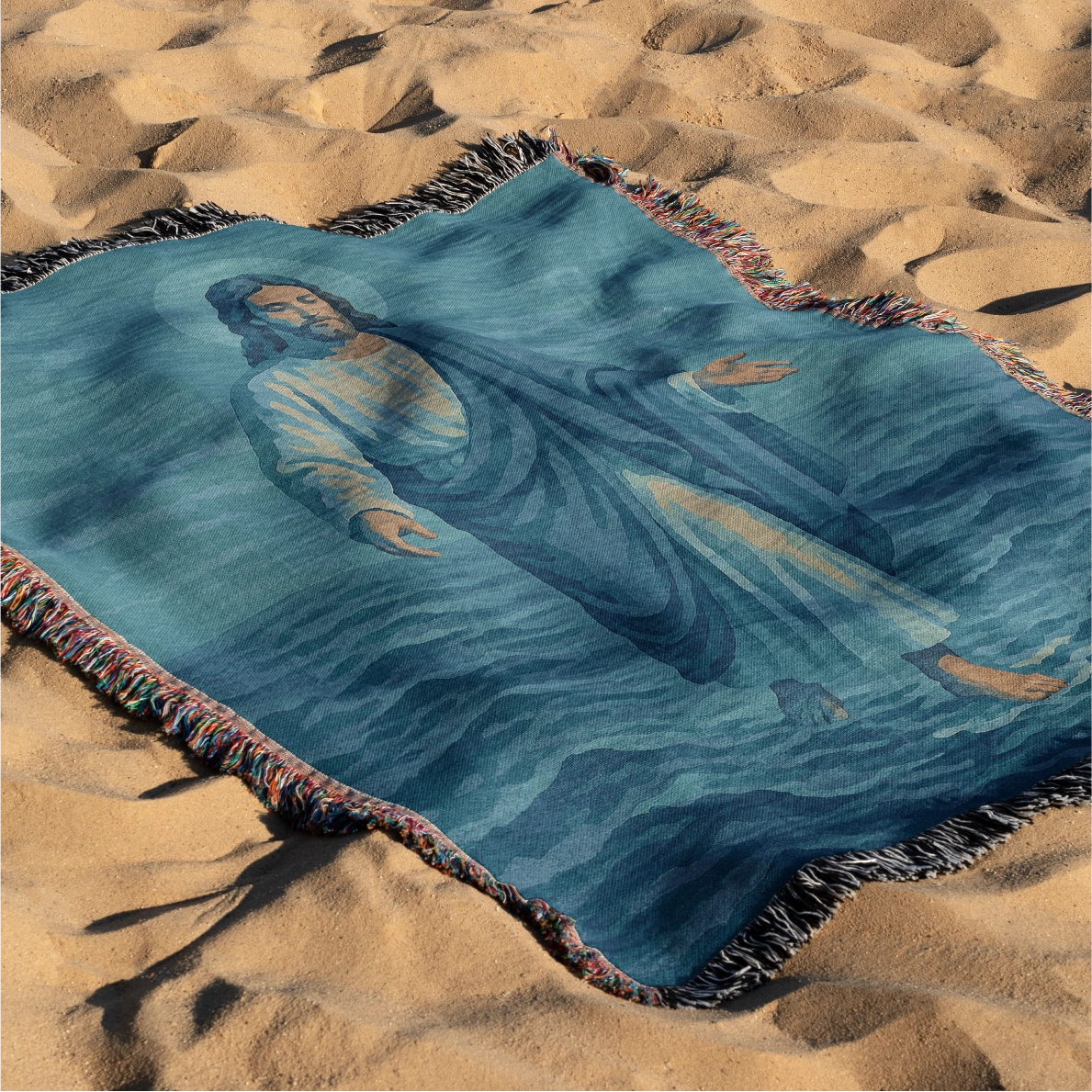 Woven Christian blanket depicting Jesus walking on water, made of 100% cotton with colorful fringe; perfect for home decor, prayer spaces, or faith-based gifts.