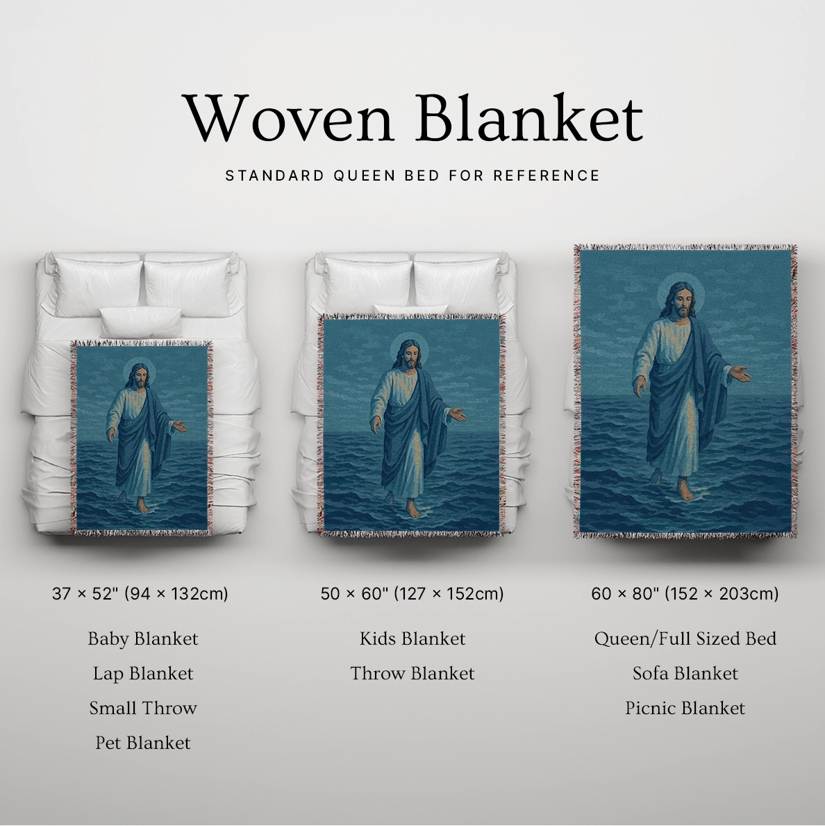 Woven Christian blanket depicting Jesus walking on water, made of 100% cotton with colorful fringe; perfect for home decor, prayer spaces, or faith-based gifts.