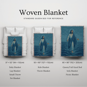 Woven Christian blanket depicting Jesus walking on water, made of 100% cotton with colorful fringe; perfect for home decor, prayer spaces, or faith-based gifts.
