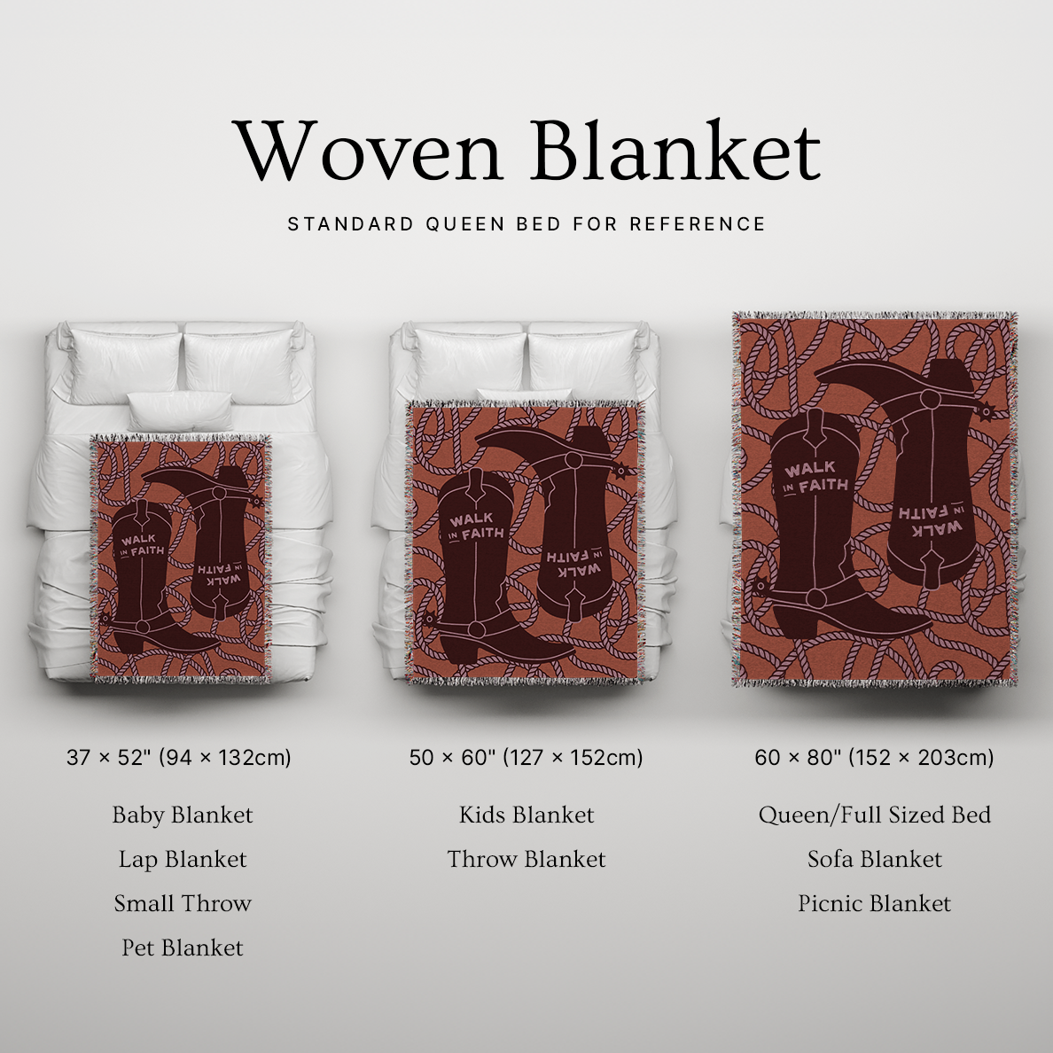 Woven blanket with cowboy boot design on a white background, showing different sizes.