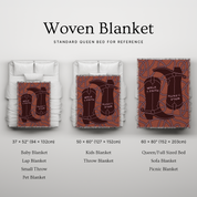 Woven blanket with cowboy boot design on a white background, showing different sizes.