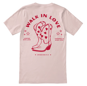 Christian t-shirt with the phrase “Walk in Love” inspired by Ephesians 5:2; soft unisex jersey tee for everyday faith and encouragement.