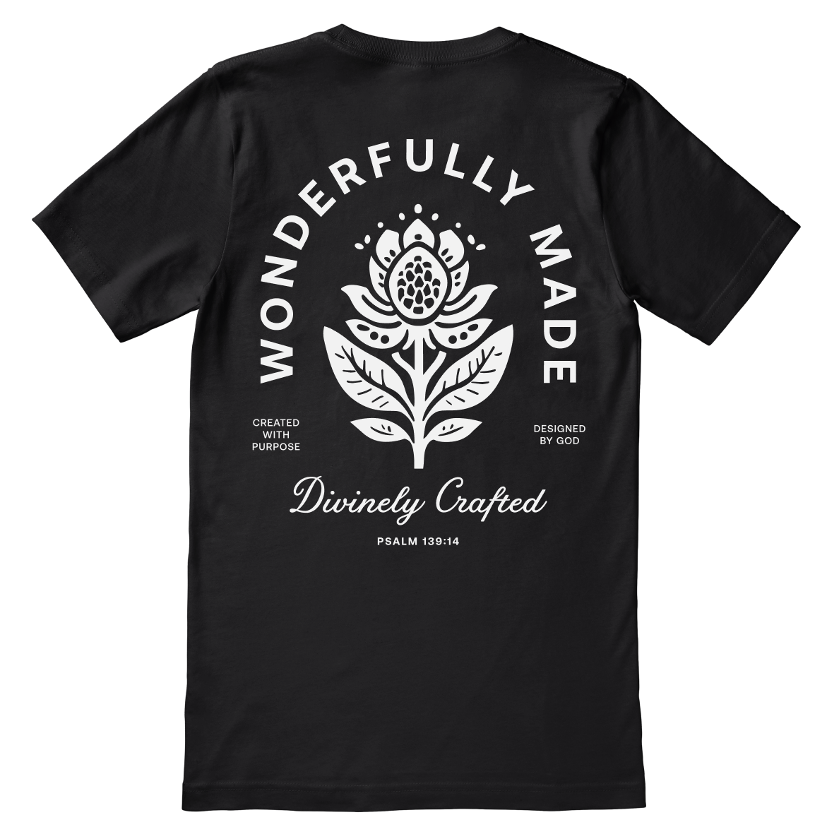 Black t-shirt with white floral design and text on a white background