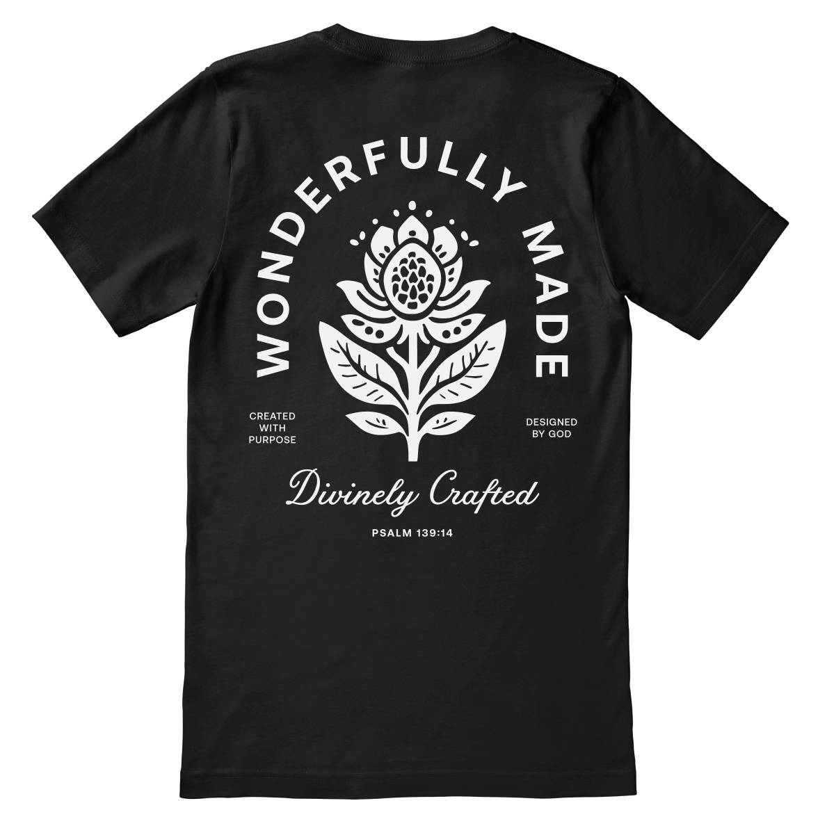 Christian t-shirt with “Wonderfully Made, Divinely Crafted” inspired by Psalm 139:14; soft unisex tee affirming God-given identity and purpose.