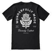 Christian t-shirt with “Wonderfully Made, Divinely Crafted” inspired by Psalm 139:14; soft unisex tee affirming God-given identity and purpose.