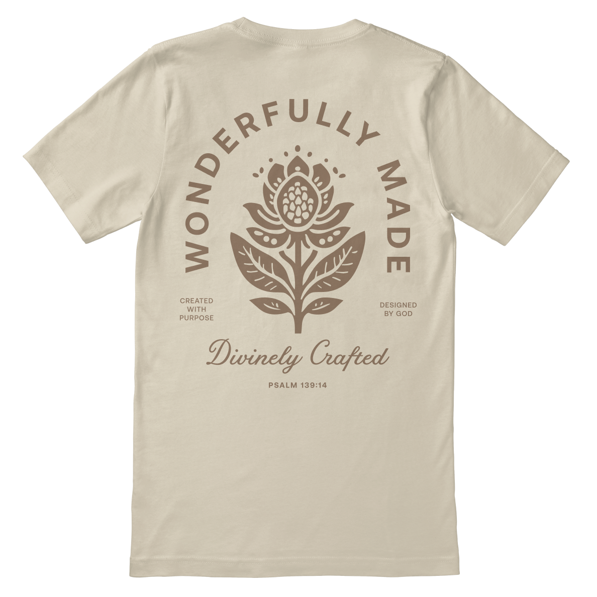 Beige t-shirt with floral design and text on the back