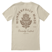 Beige t-shirt with floral design and text on the back