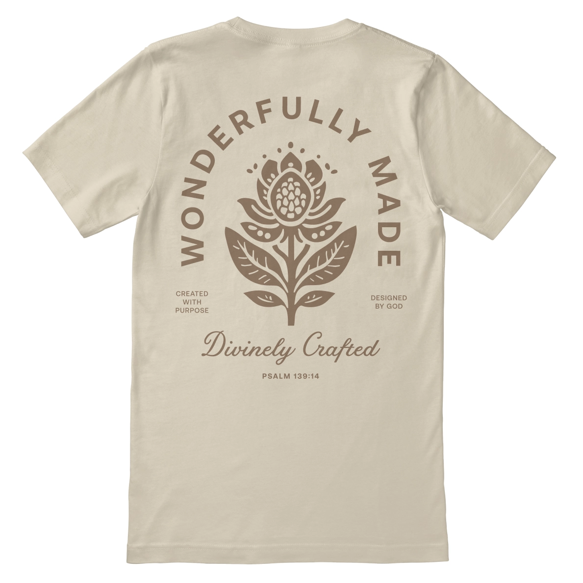 Christian t-shirt with “Wonderfully Made, Divinely Crafted” inspired by Psalm 139:14; soft unisex tee affirming God-given identity and purpose.