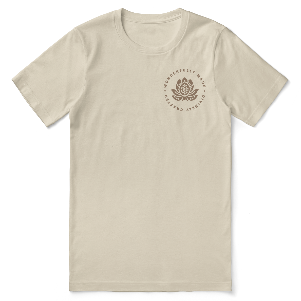 Beige t-shirt with a circular logo on a white background