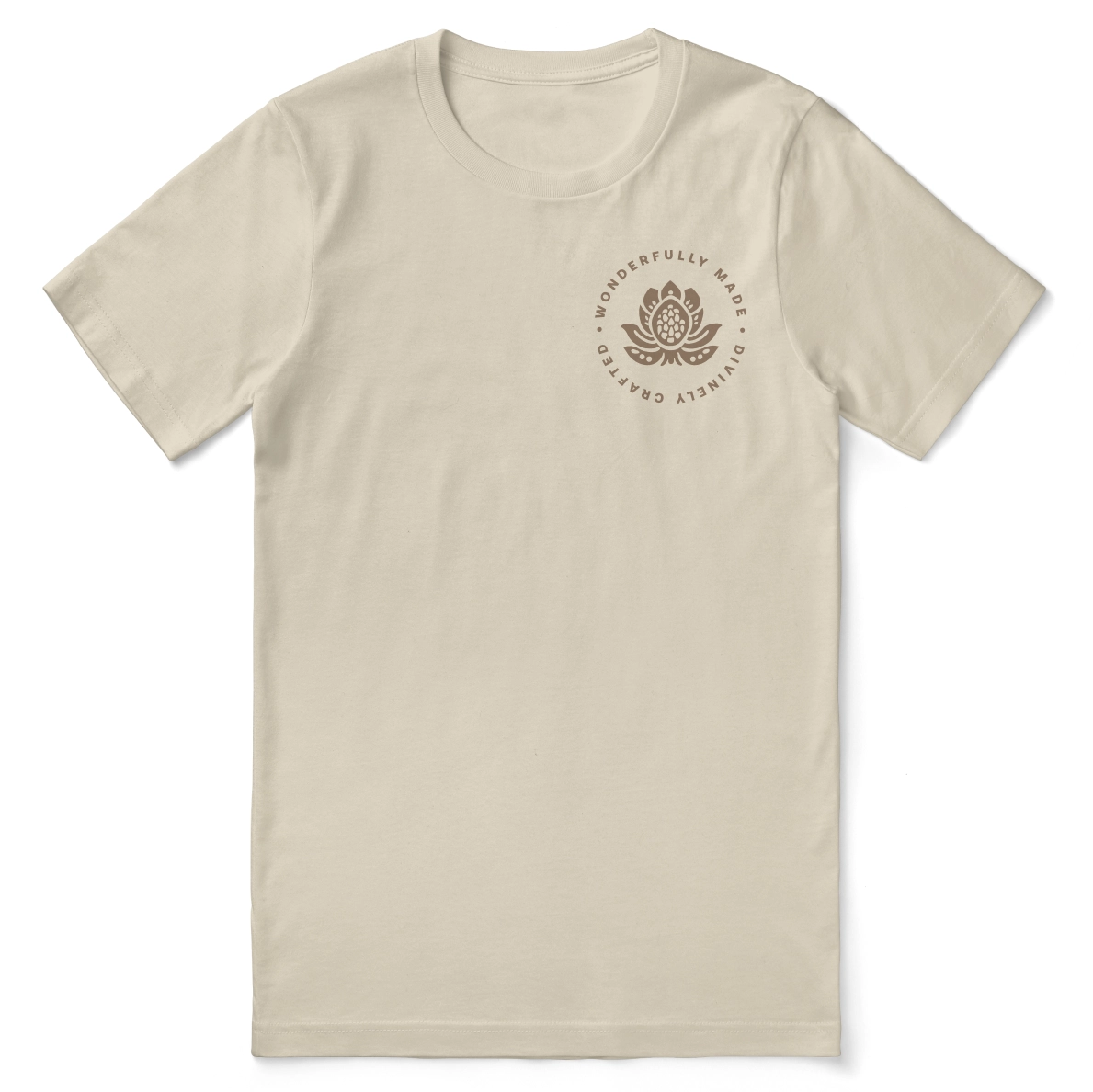 Christian t-shirt with “Wonderfully Made, Divinely Crafted” inspired by Psalm 139:14; soft unisex tee affirming God-given identity and purpose.