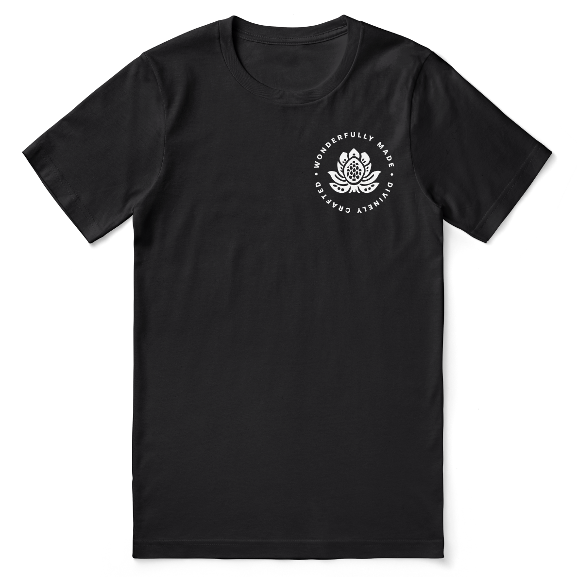 Black t-shirt with a white lotus flower design on a white background
