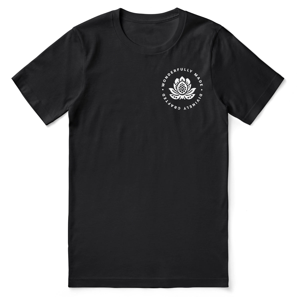 Christian t-shirt with “Wonderfully Made, Divinely Crafted” inspired by Psalm 139:14; soft unisex tee affirming God-given identity and purpose.