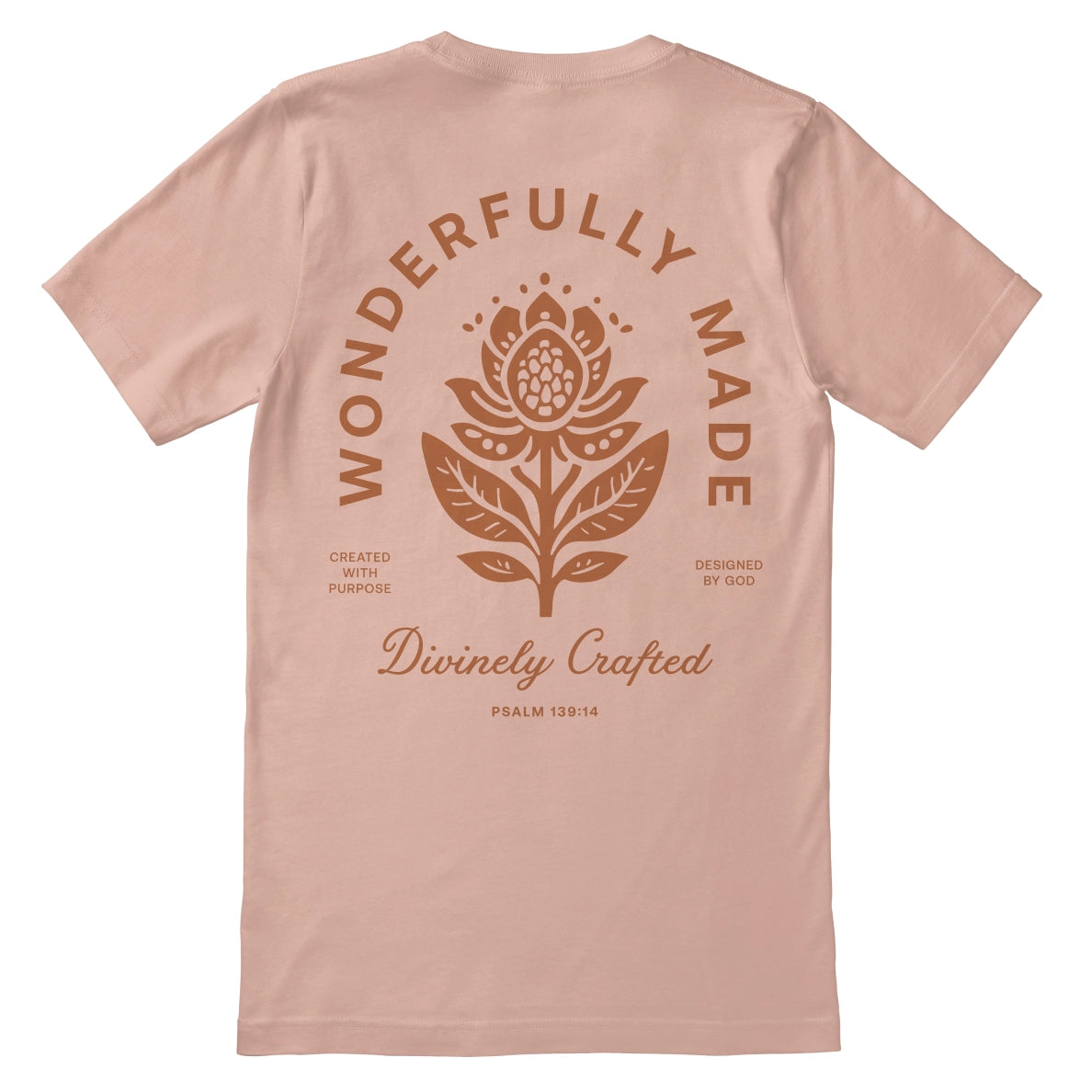 Christian t-shirt with “Wonderfully Made, Divinely Crafted” inspired by Psalm 139:14; soft unisex tee affirming God-given identity and purpose.