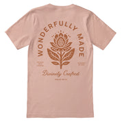 Christian t-shirt with “Wonderfully Made, Divinely Crafted” inspired by Psalm 139:14; soft unisex tee affirming God-given identity and purpose.