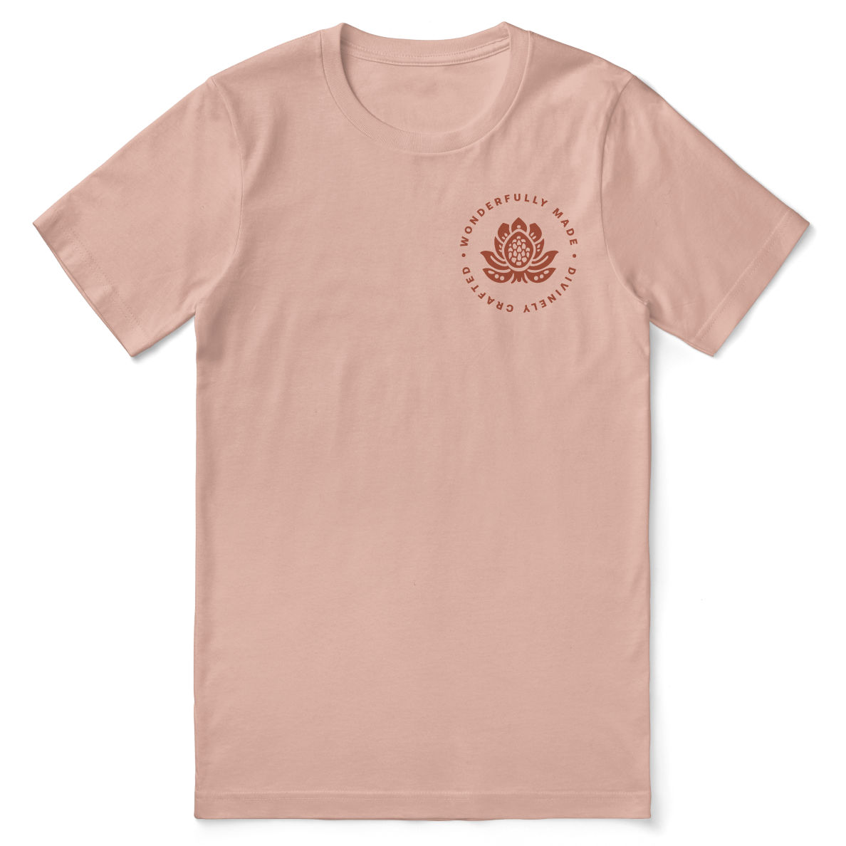 Pink t-shirt with a circular logo on a white background