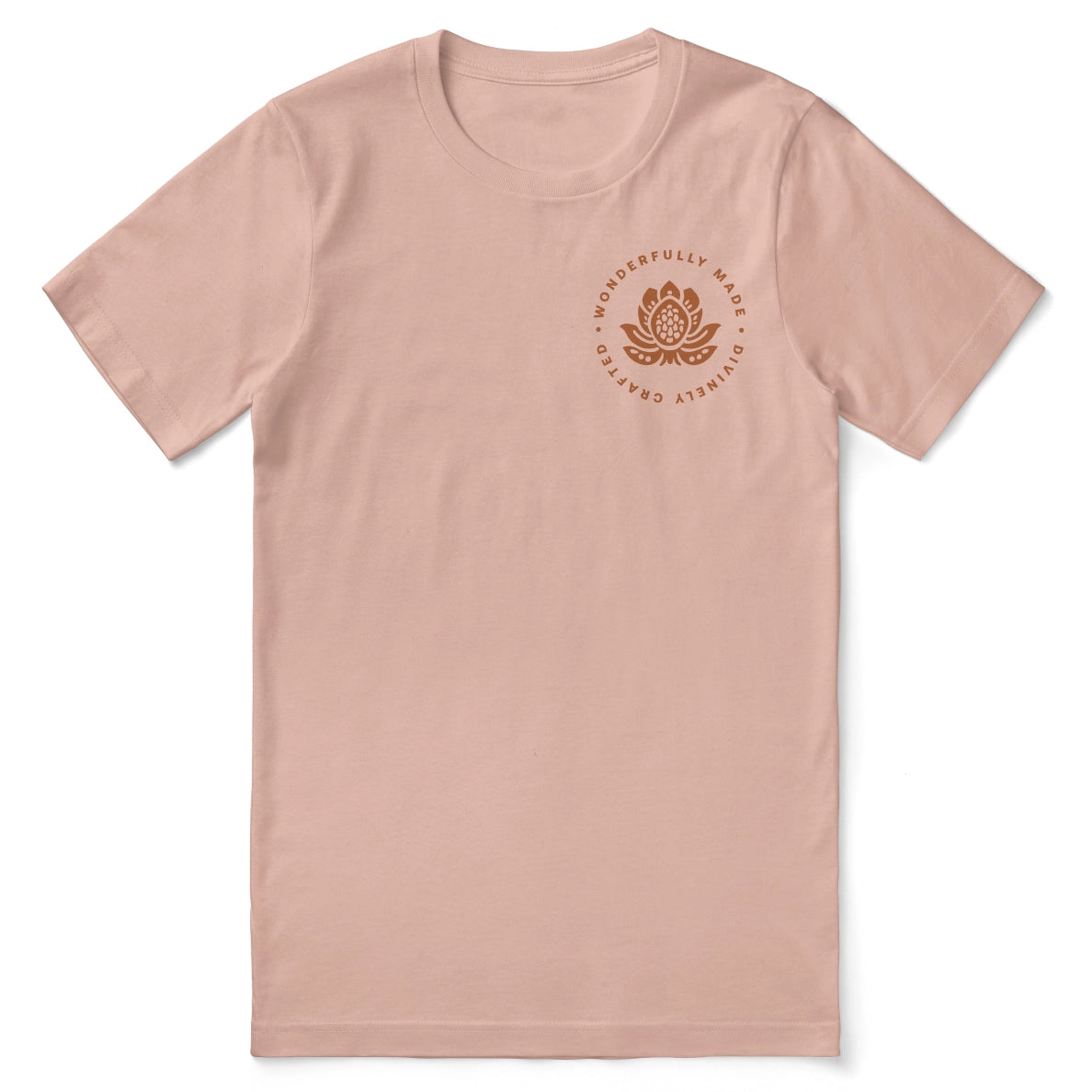 Christian t-shirt with “Wonderfully Made, Divinely Crafted” inspired by Psalm 139:14; soft unisex tee affirming God-given identity and purpose.