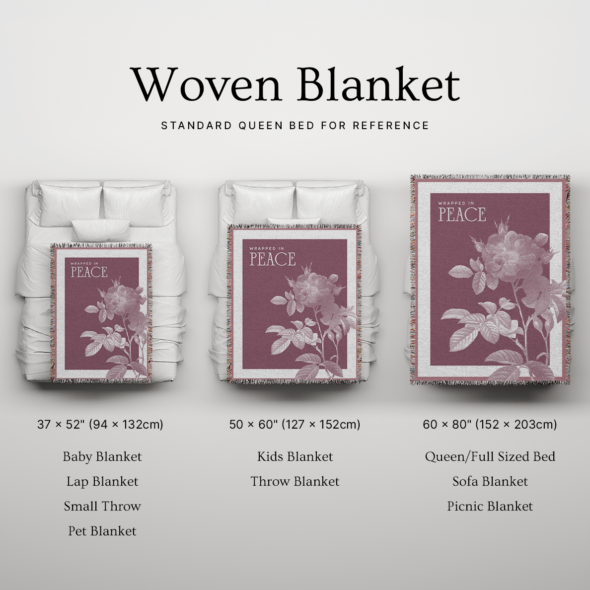 Woven blanket with floral design on a white background, showing different sizes.