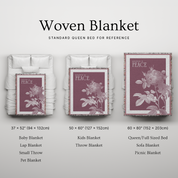 Woven blanket with floral design on a white background, showing different sizes.